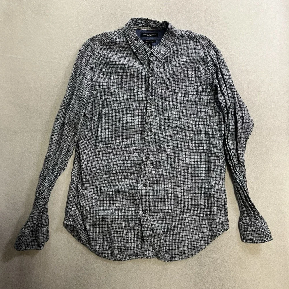 Banana Republic Shirt Mens Large Blue 100% Linen Camden Fit Long Sleeve Coastal
